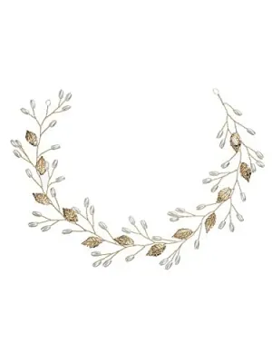 Kairangi Bridal Hair Vine for Women and Girls Bridal Hair Accessories for Wedding Golden Headband Hair Accessories Wedding Jewellery for Women Leafy Pearl Bridal Wedding Head band Hair Vine for Girls