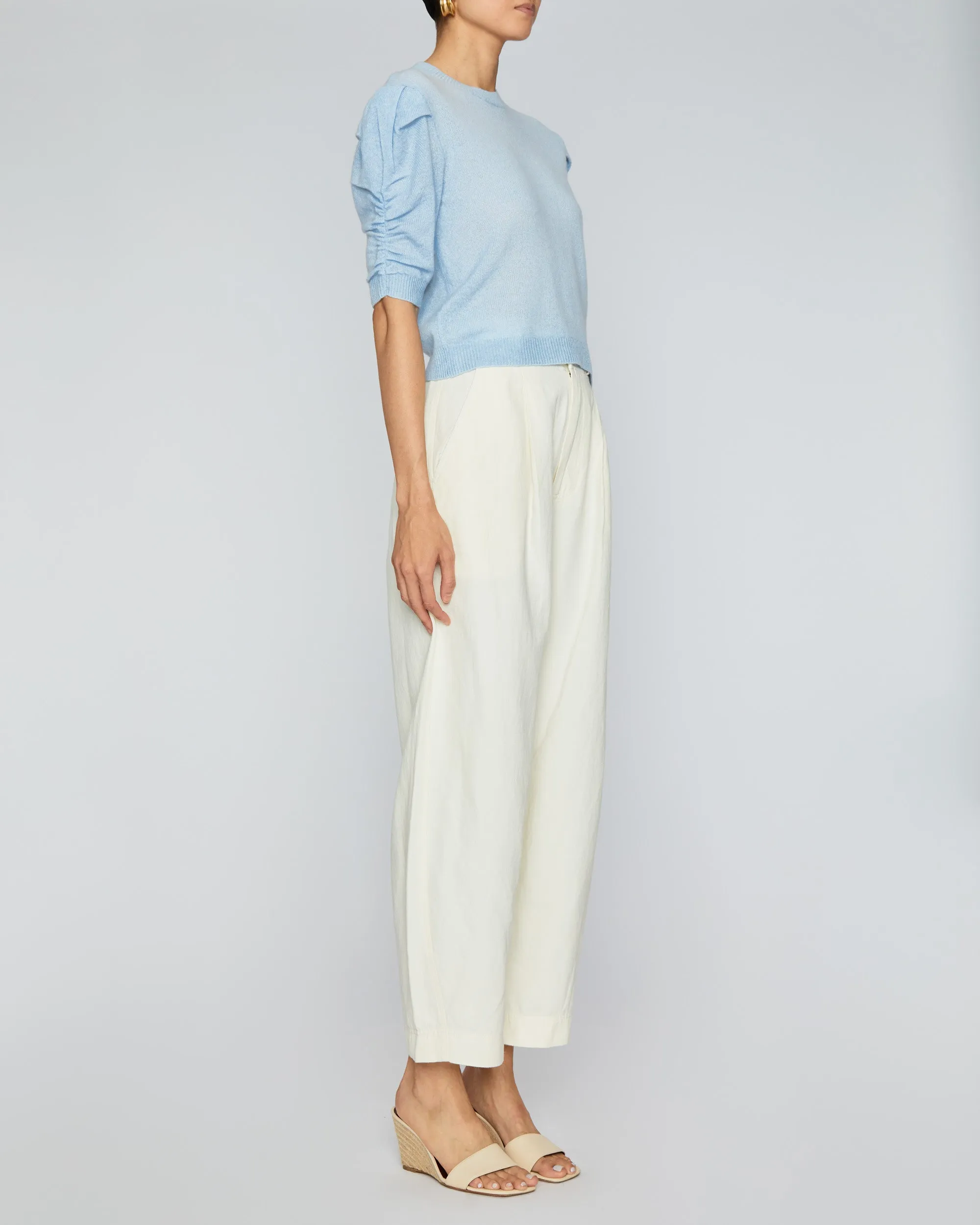 Ruched Sleeve Cashmere Sweater in Light Blue