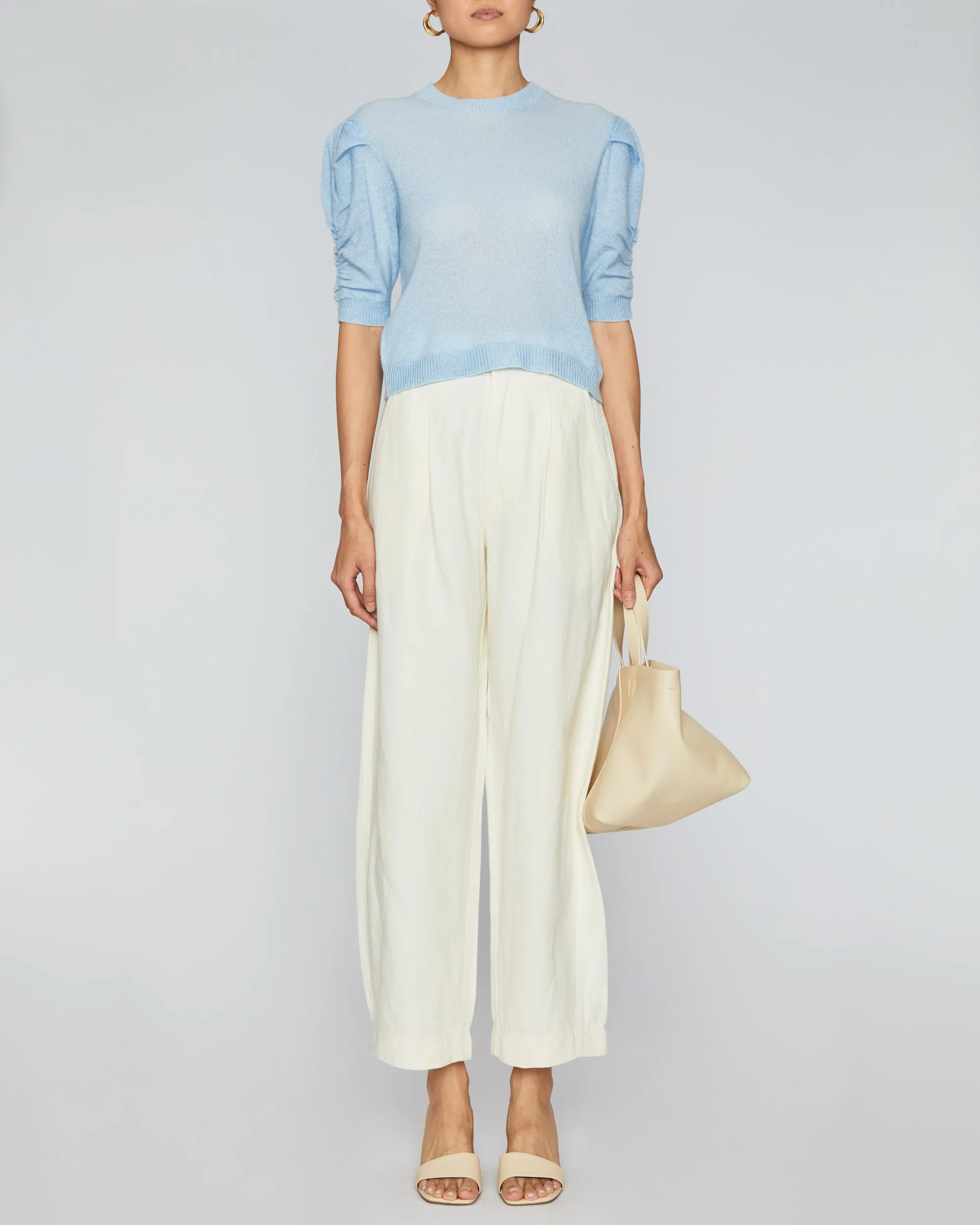 Ruched Sleeve Cashmere Sweater in Light Blue