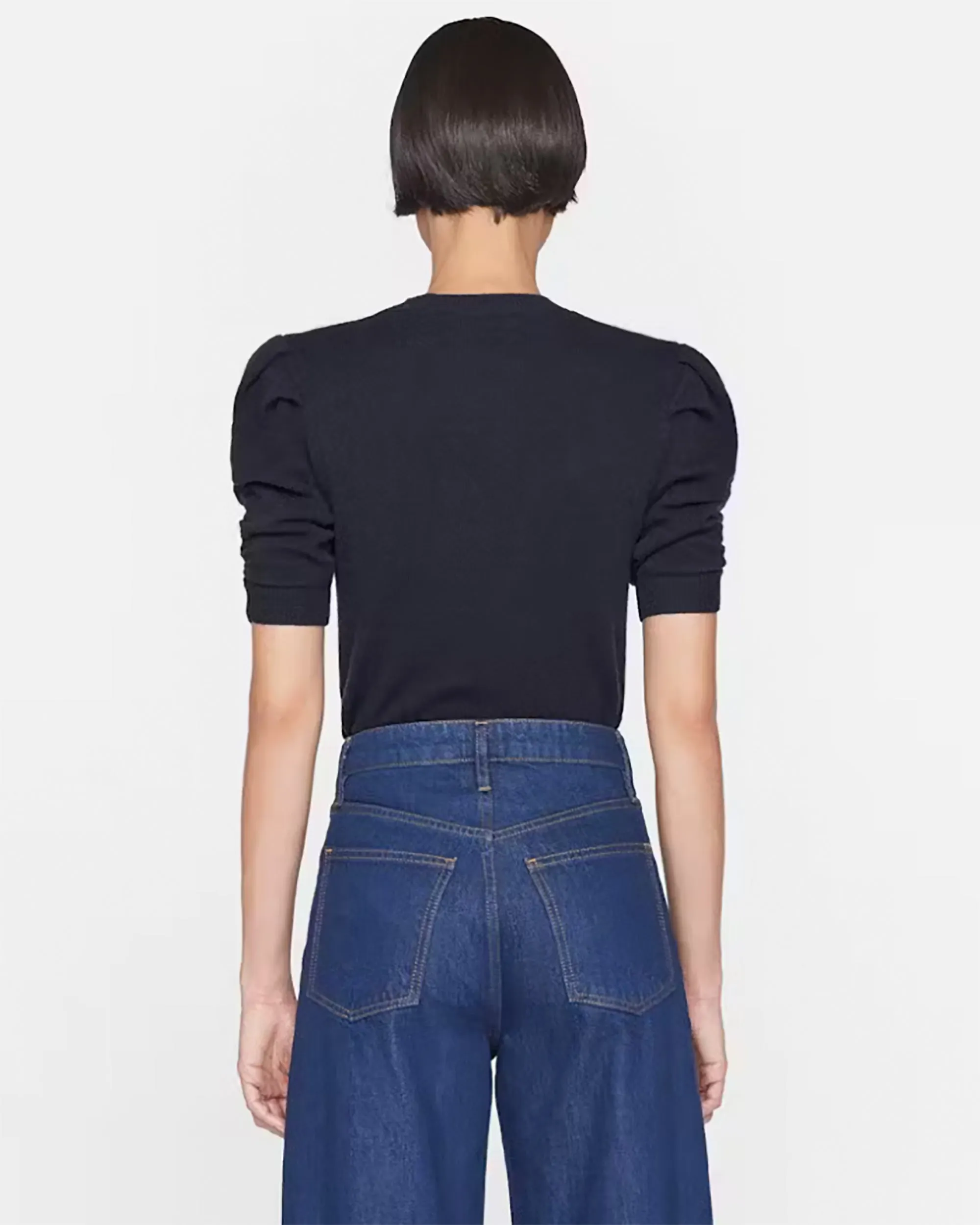 Ruched Sleeve Cashmere Sweater in Navy