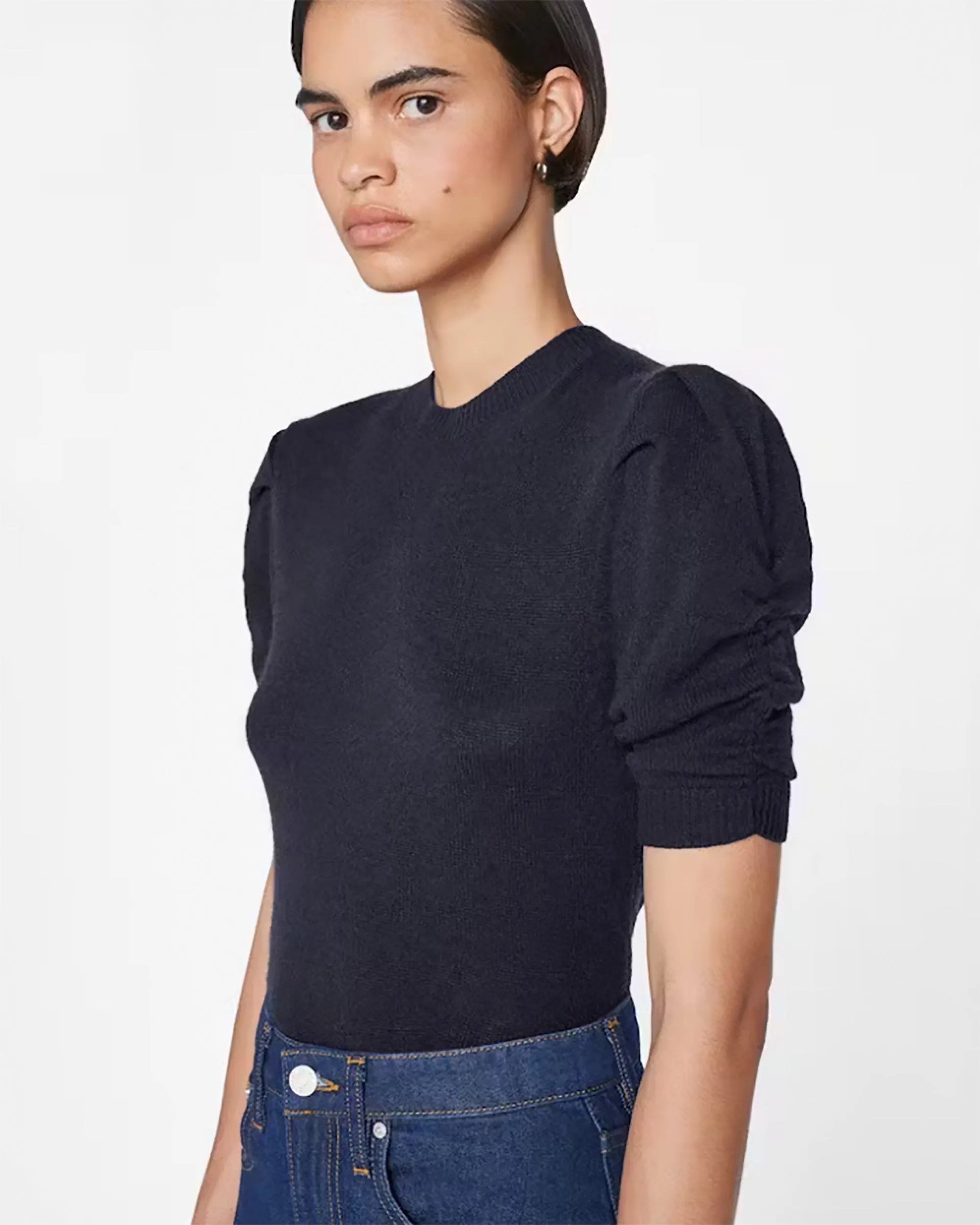 Ruched Sleeve Cashmere Sweater in Navy