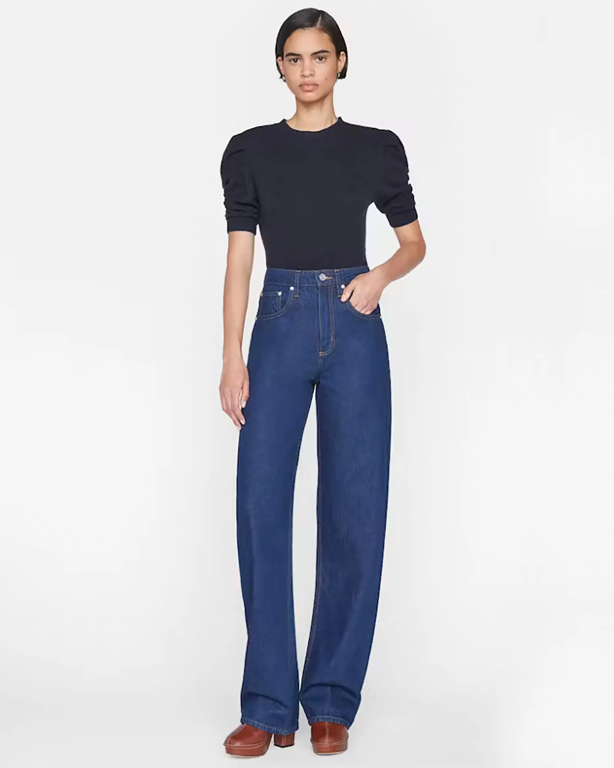 Ruched Sleeve Cashmere Sweater in Navy